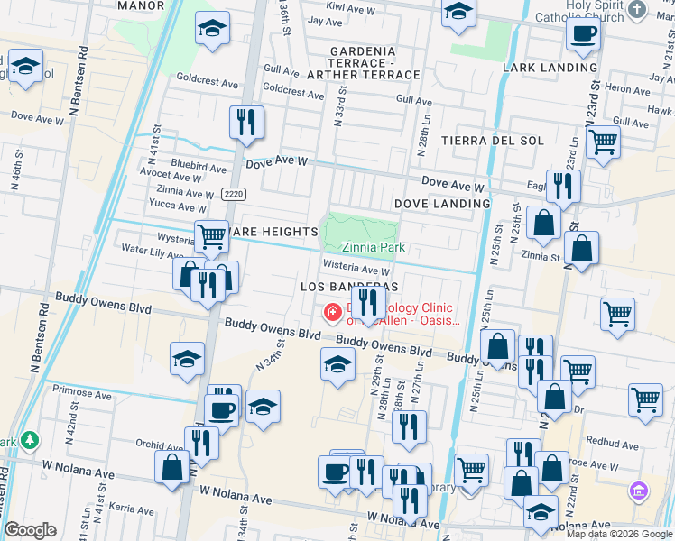 map of restaurants, bars, coffee shops, grocery stores, and more near 3109 Wisteria Avenue in McAllen
