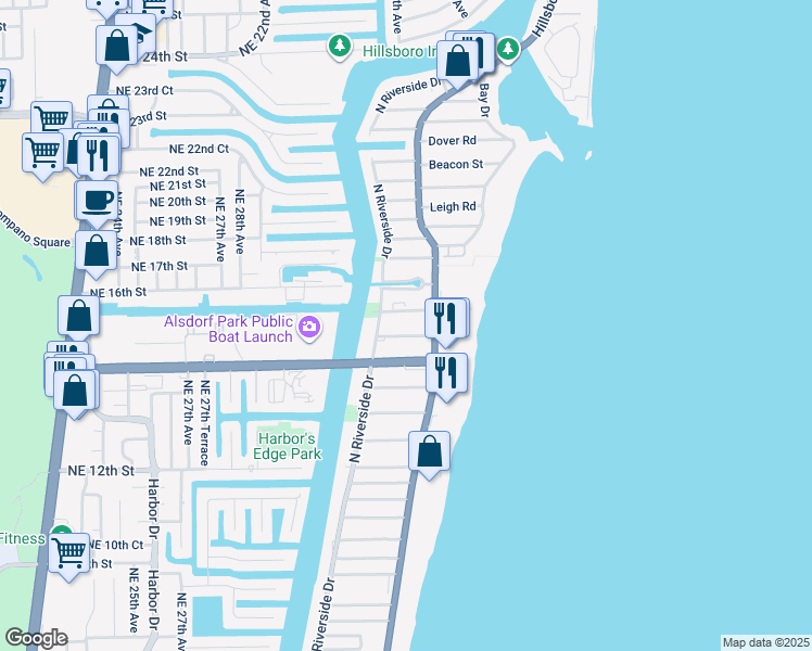 map of restaurants, bars, coffee shops, grocery stores, and more near 3221 Northeast 15th Street in Pompano Beach
