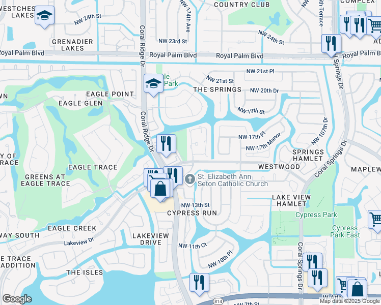 map of restaurants, bars, coffee shops, grocery stores, and more near 11461 Lakeview Drive in Coral Springs