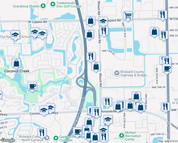 map of restaurants, bars, coffee shops, grocery stores, and more near 1771 Blount Road in Pompano Beach
