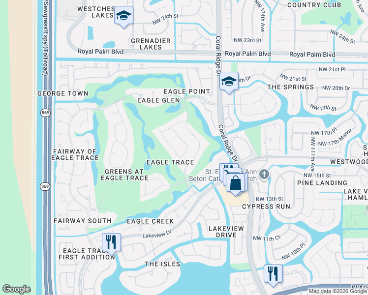 map of restaurants, bars, coffee shops, grocery stores, and more near 1857 Colonial Drive in Coral Springs