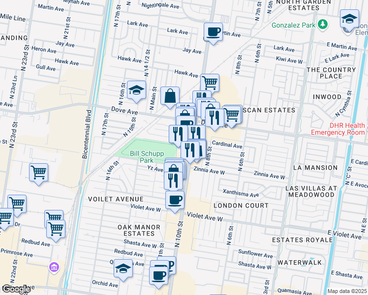 map of restaurants, bars, coffee shops, grocery stores, and more near 5321 North 10th Street in McAllen