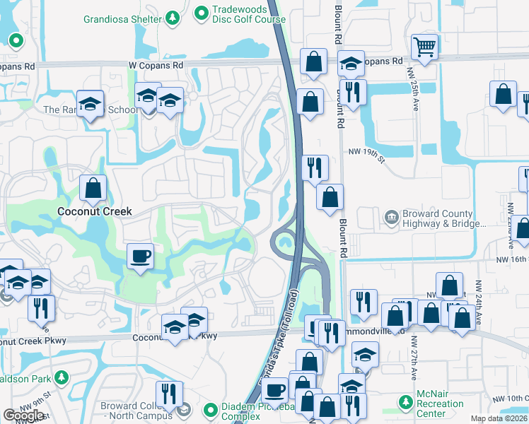 map of restaurants, bars, coffee shops, grocery stores, and more near 1904 Bermuda Circle in Coconut Creek