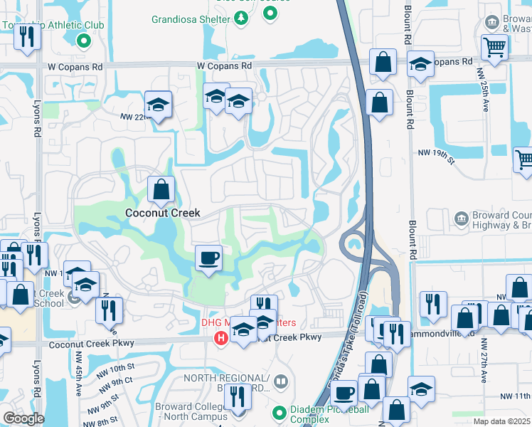 map of restaurants, bars, coffee shops, grocery stores, and more near 3501 Bimini Lane in Coconut Creek