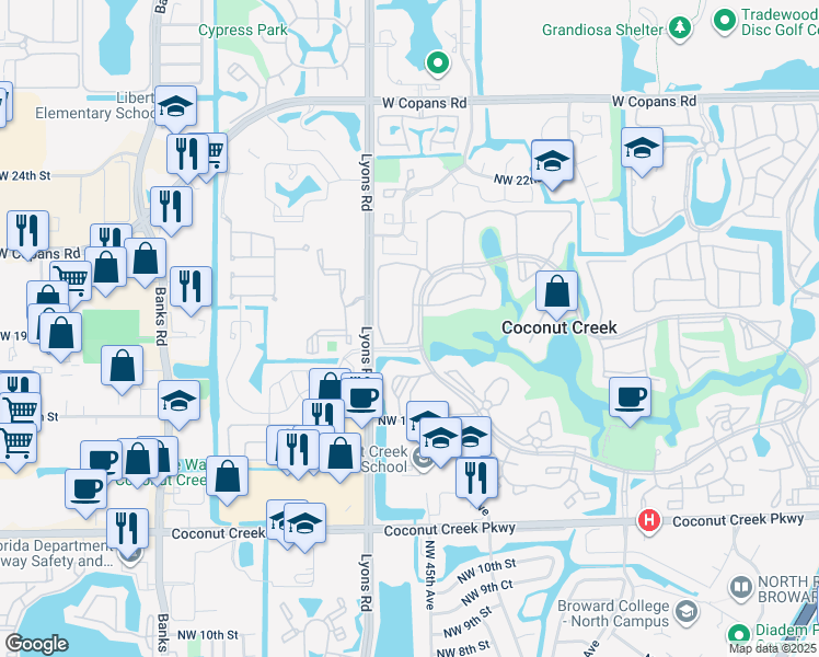 map of restaurants, bars, coffee shops, grocery stores, and more near 2404 Antigua Circle in Coconut Creek