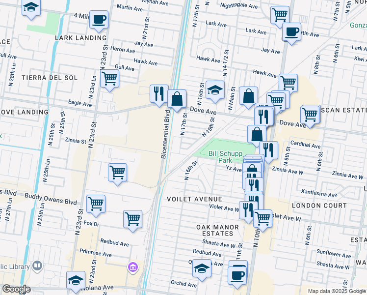 map of restaurants, bars, coffee shops, grocery stores, and more near 1601 Avocet Avenue in McAllen