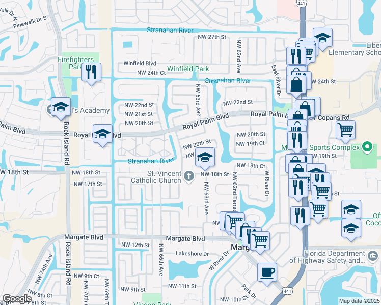 map of restaurants, bars, coffee shops, grocery stores, and more near 6453 Northwest 19th Court in Margate