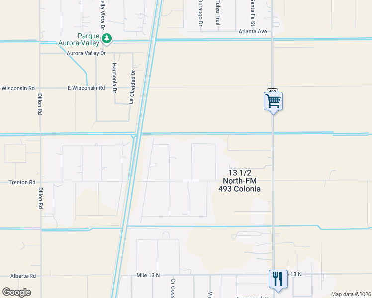 map of restaurants, bars, coffee shops, grocery stores, and more near Mile 13 1/2 Road North in Donna