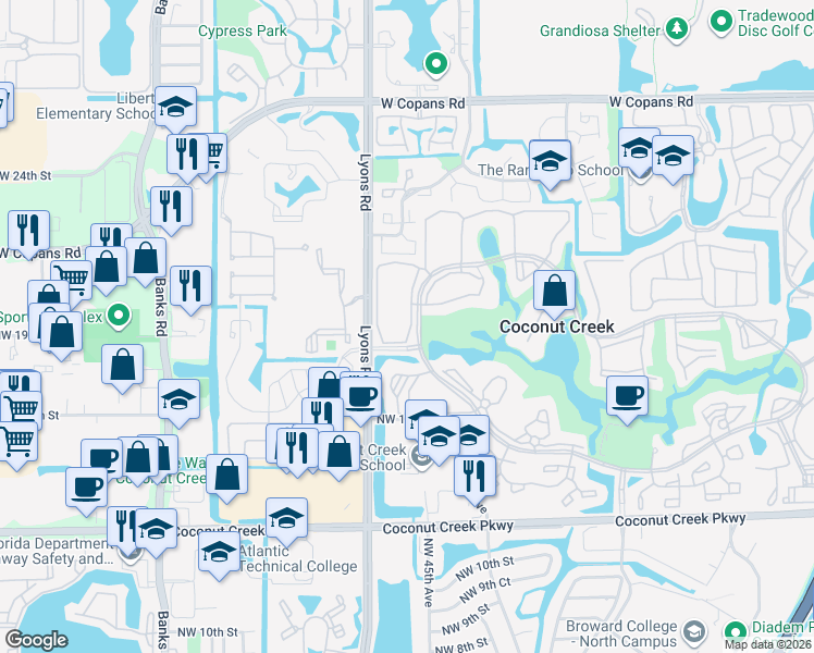 map of restaurants, bars, coffee shops, grocery stores, and more near 2403 Antigua Circle in Coconut Creek