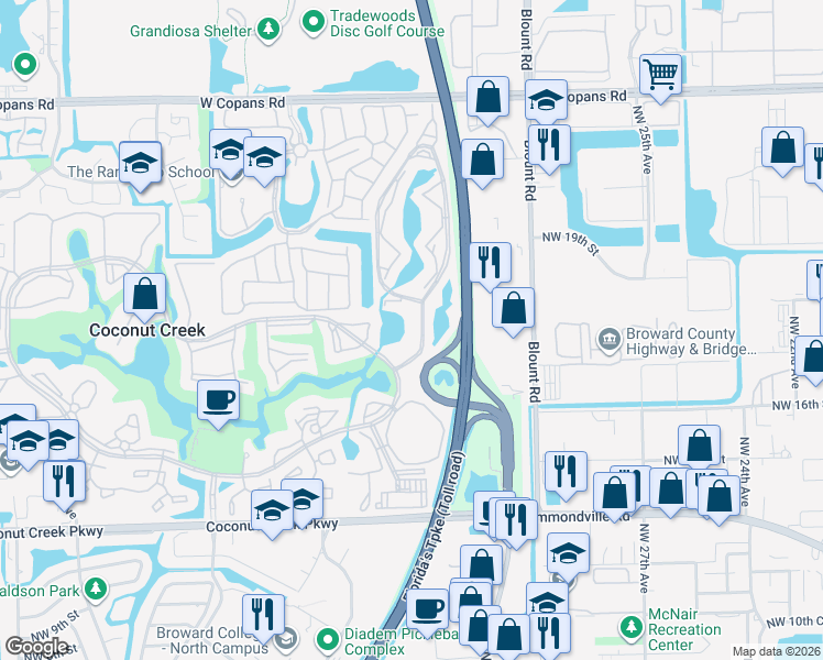 map of restaurants, bars, coffee shops, grocery stores, and more near 1904 Bermuda Circle in Coconut Creek