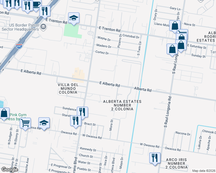map of restaurants, bars, coffee shops, grocery stores, and more near 1700 East Alberta Road in Edinburg