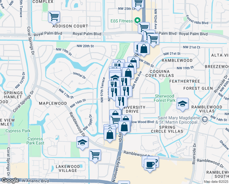 map of restaurants, bars, coffee shops, grocery stores, and more near 1670 North University Drive in Coral Springs