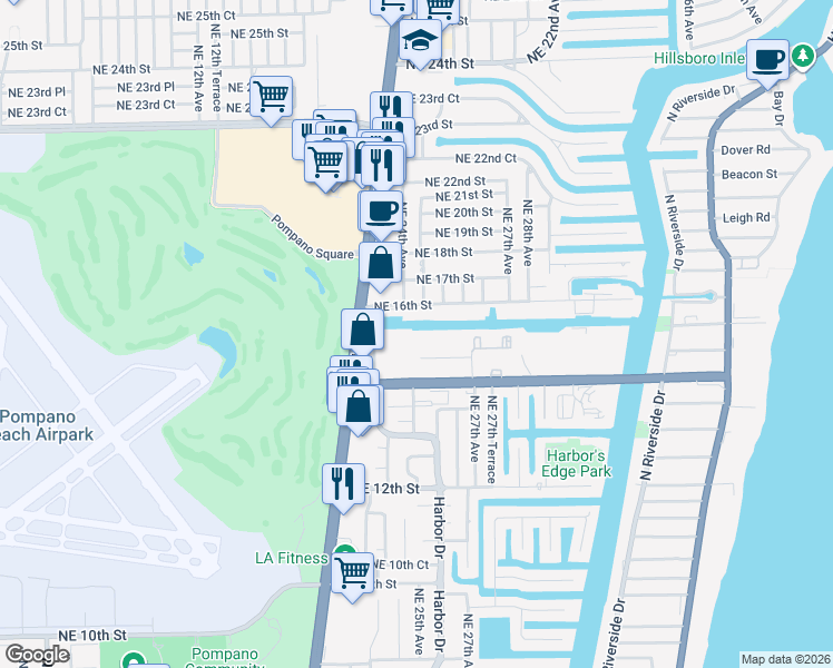 map of restaurants, bars, coffee shops, grocery stores, and more near 2519 Northeast 15th Street in Pompano Beach