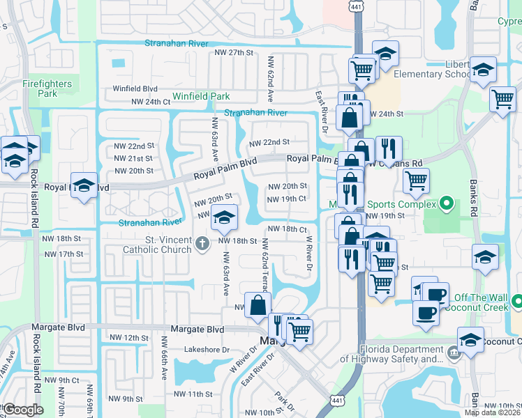 map of restaurants, bars, coffee shops, grocery stores, and more near 1905 Northwest 62nd Terrace in Margate