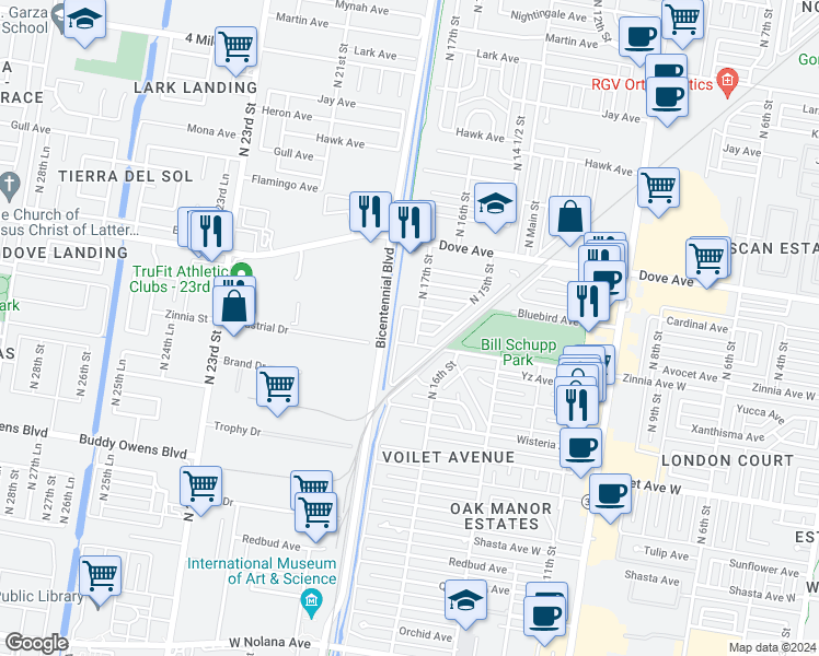 map of restaurants, bars, coffee shops, grocery stores, and more near 1800 Industrial Drive in McAllen