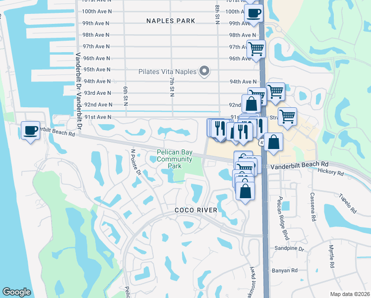 map of restaurants, bars, coffee shops, grocery stores, and more near 734 Reef Point Circle in Naples