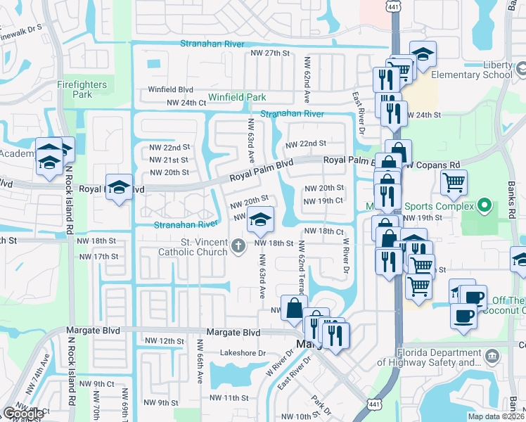 map of restaurants, bars, coffee shops, grocery stores, and more near 6300 Northwest 19th Court in Margate