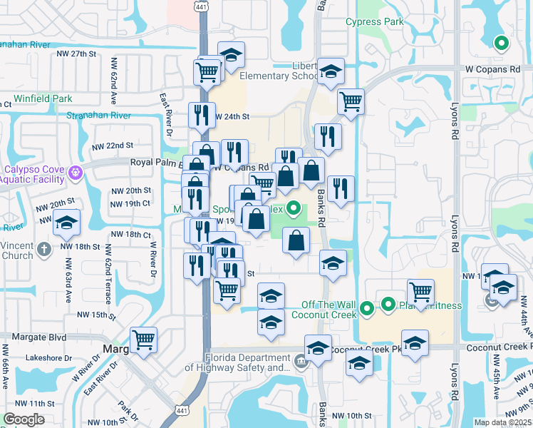 map of restaurants, bars, coffee shops, grocery stores, and more near 1900 Mears Parkway in Margate