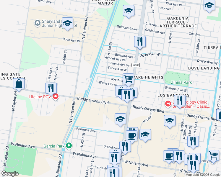 map of restaurants, bars, coffee shops, grocery stores, and more near 4005 Violet Avenue in McAllen