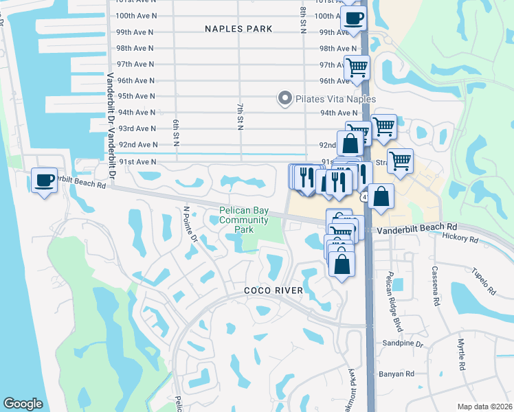 map of restaurants, bars, coffee shops, grocery stores, and more near 734 Reef Point Circle in Naples