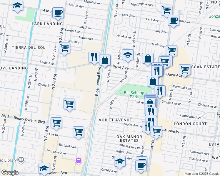 map of restaurants, bars, coffee shops, grocery stores, and more near 1601 Avocet Avenue in McAllen