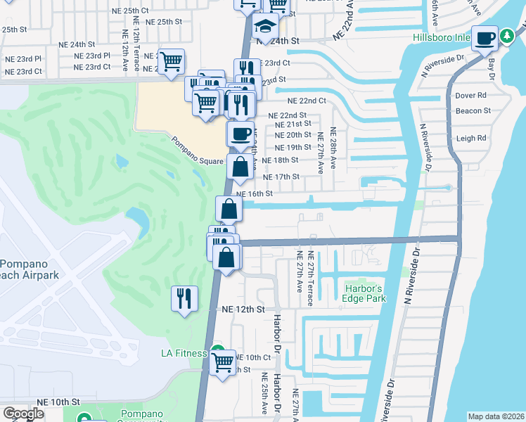 map of restaurants, bars, coffee shops, grocery stores, and more near 2519 Northeast 15th Street in Pompano Beach