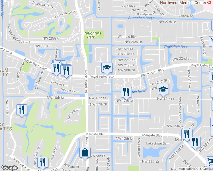 map of restaurants, bars, coffee shops, grocery stores, and more near 6950 Royal Palm Boulevard in Margate