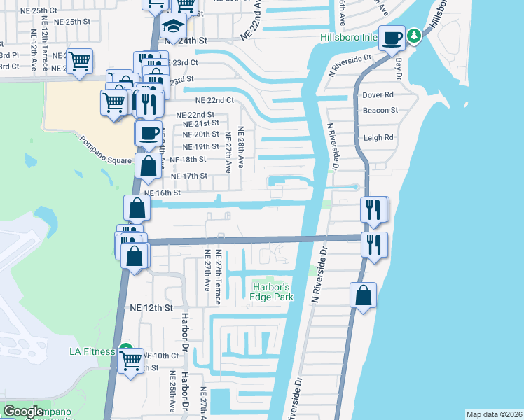 map of restaurants, bars, coffee shops, grocery stores, and more near 2731 Northeast 14th Street in Pompano Beach