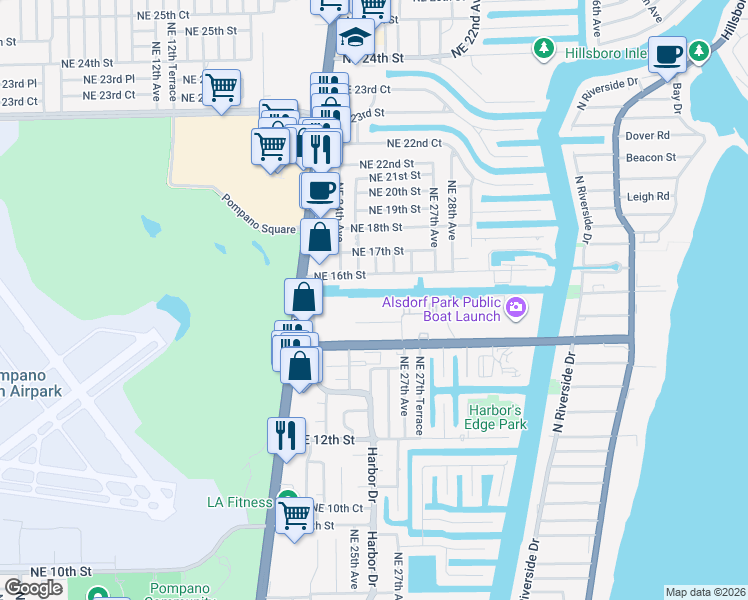 map of restaurants, bars, coffee shops, grocery stores, and more near 2567 Northeast 15th Street in Pompano Beach