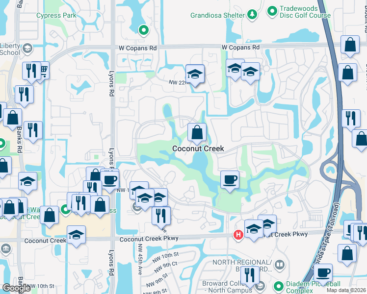 map of restaurants, bars, coffee shops, grocery stores, and more near in Coconut Creek