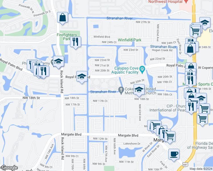 map of restaurants, bars, coffee shops, grocery stores, and more near 6750 Royal Palm Boulevard in Margate