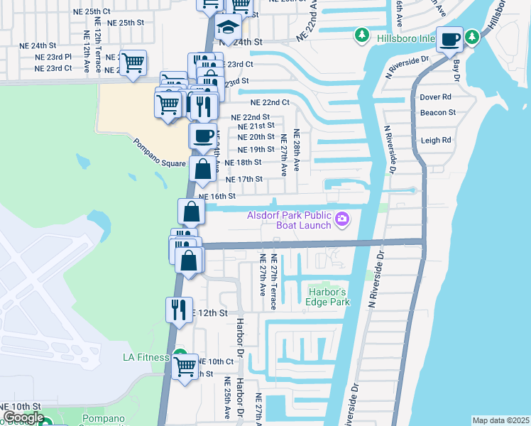 map of restaurants, bars, coffee shops, grocery stores, and more near 250 Northeast 27th Terrace in Pompano Beach