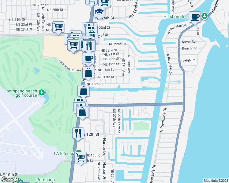 map of restaurants, bars, coffee shops, grocery stores, and more near 250 Northeast 27th Terrace in Pompano Beach