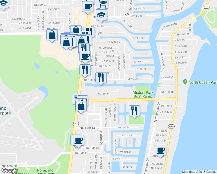 map of restaurants, bars, coffee shops, grocery stores, and more near 2637 Northeast 15th Street in Pompano Beach