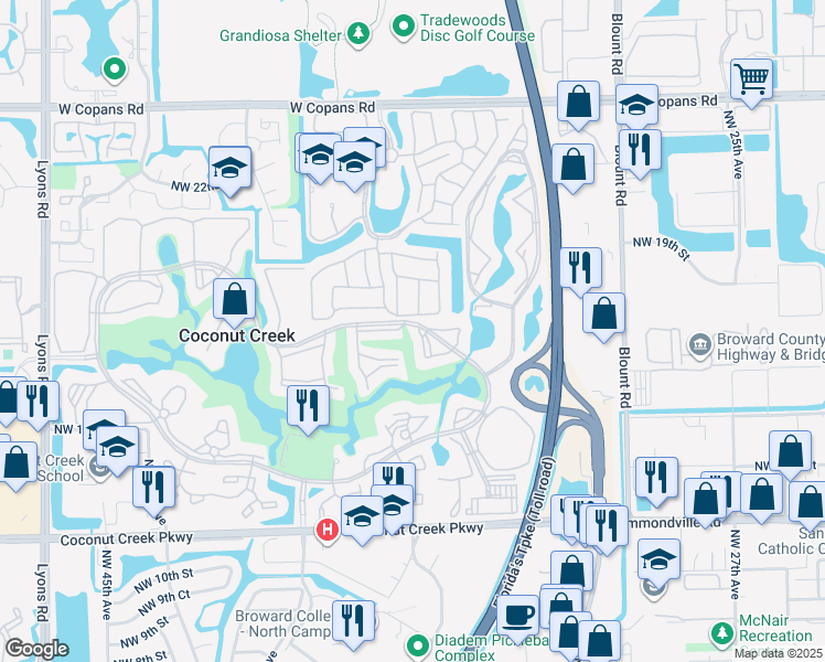 map of restaurants, bars, coffee shops, grocery stores, and more near 3501 Bimini Lane in Coconut Creek