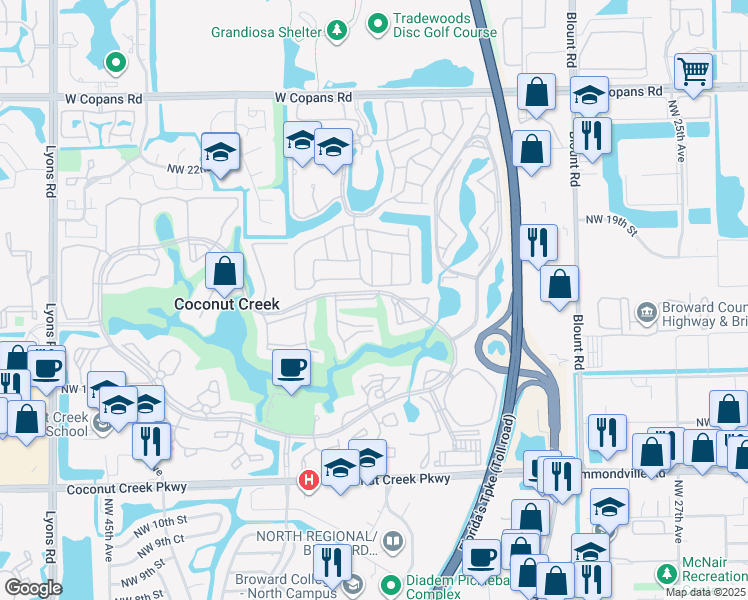 map of restaurants, bars, coffee shops, grocery stores, and more near 3501 Bimini Lane in Coconut Creek