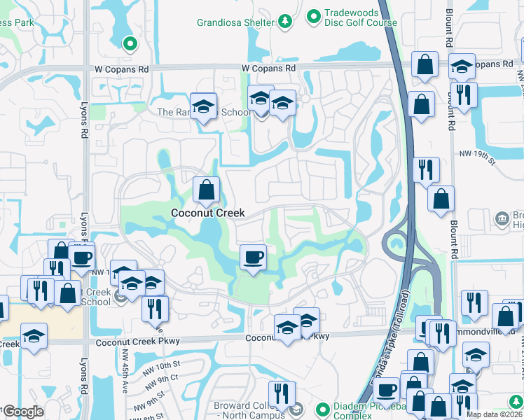 map of restaurants, bars, coffee shops, grocery stores, and more near 3306 Aruba Way in Coconut Creek
