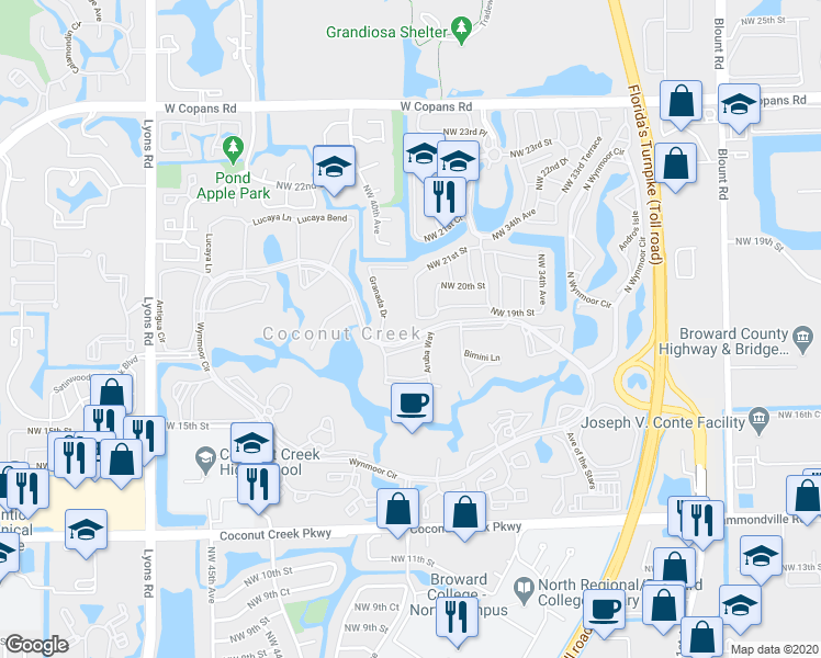 map of restaurants, bars, coffee shops, grocery stores, and more near 3300 Aruba Way in Coconut Creek
