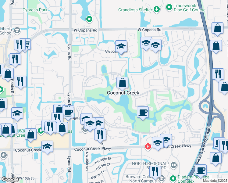 map of restaurants, bars, coffee shops, grocery stores, and more near in Coconut Creek
