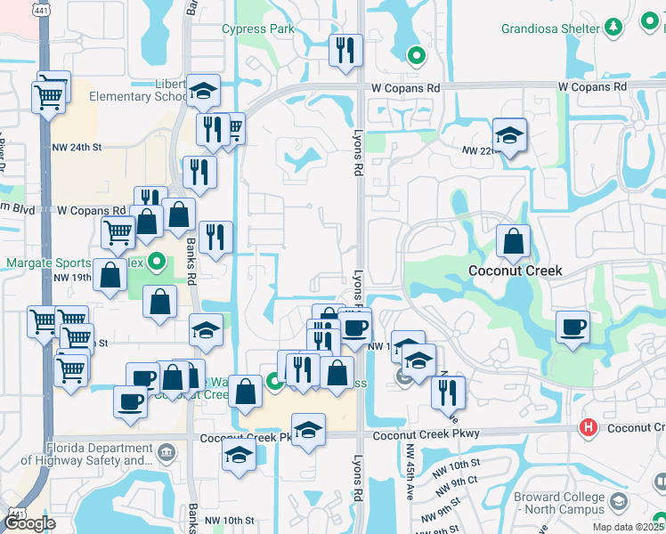 map of restaurants, bars, coffee shops, grocery stores, and more near in Coconut Creek