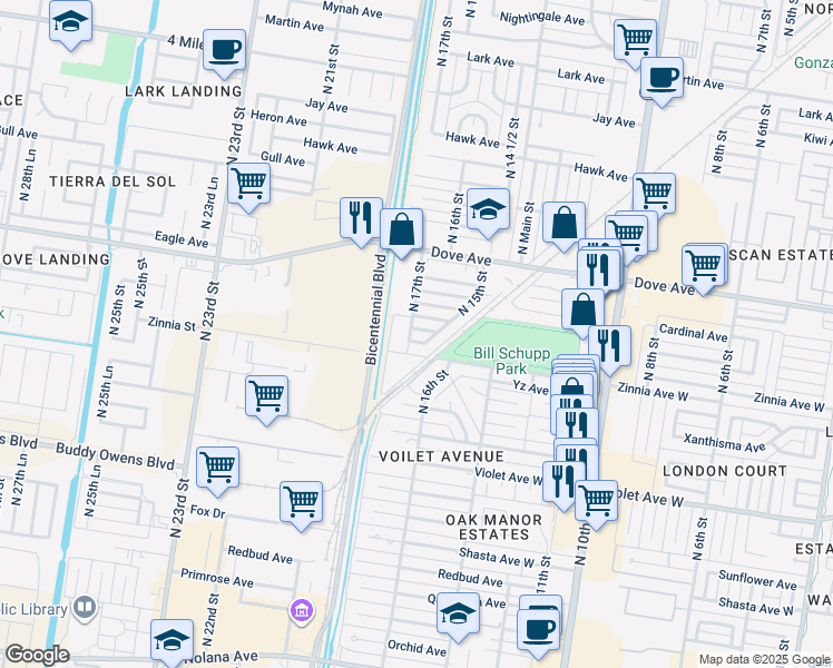 map of restaurants, bars, coffee shops, grocery stores, and more near 1601 Avocet Avenue in McAllen