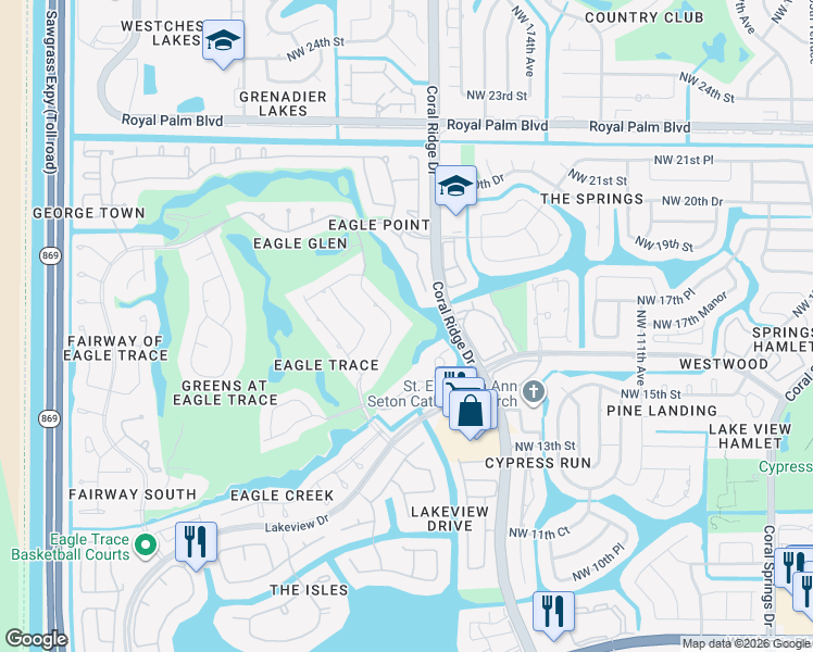 map of restaurants, bars, coffee shops, grocery stores, and more near 1815 Eagle Trace Boulevard in Coral Springs