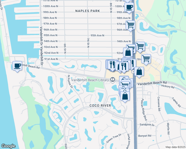 map of restaurants, bars, coffee shops, grocery stores, and more near 734 Reef Point Circle in Naples