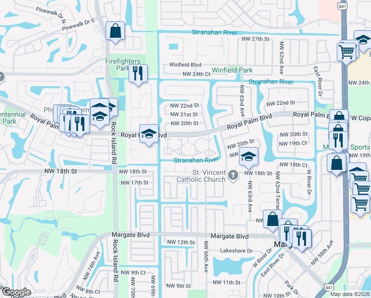 map of restaurants, bars, coffee shops, grocery stores, and more near 6750 Royal Palm Boulevard in Margate