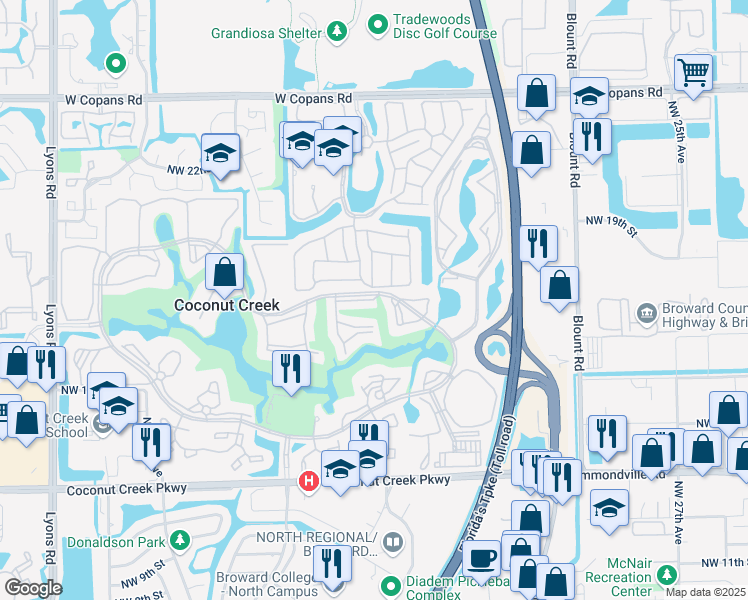map of restaurants, bars, coffee shops, grocery stores, and more near 3501 Bimini Lane in Coconut Creek