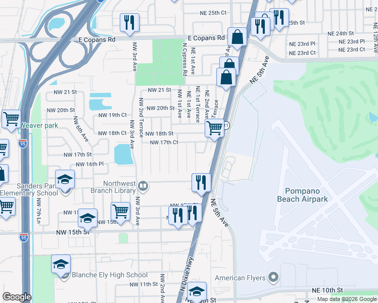 map of restaurants, bars, coffee shops, grocery stores, and more near 1681 Northeast 1st Avenue in Pompano Beach