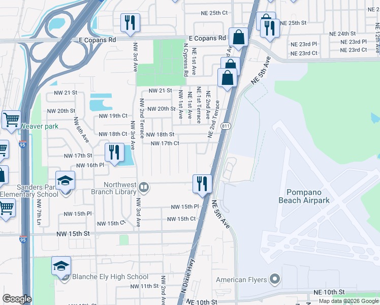 map of restaurants, bars, coffee shops, grocery stores, and more near 1681 Northeast 1st Avenue in Pompano Beach