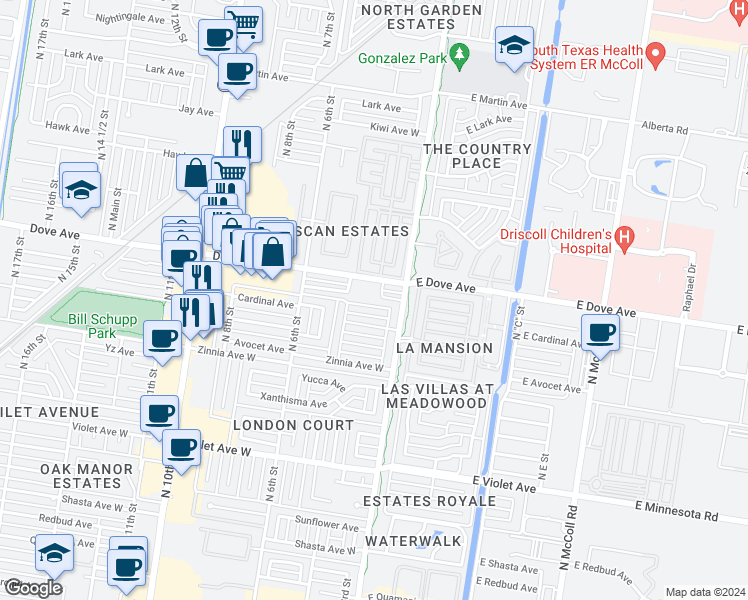 map of restaurants, bars, coffee shops, grocery stores, and more near 312 Condor Avenue in McAllen