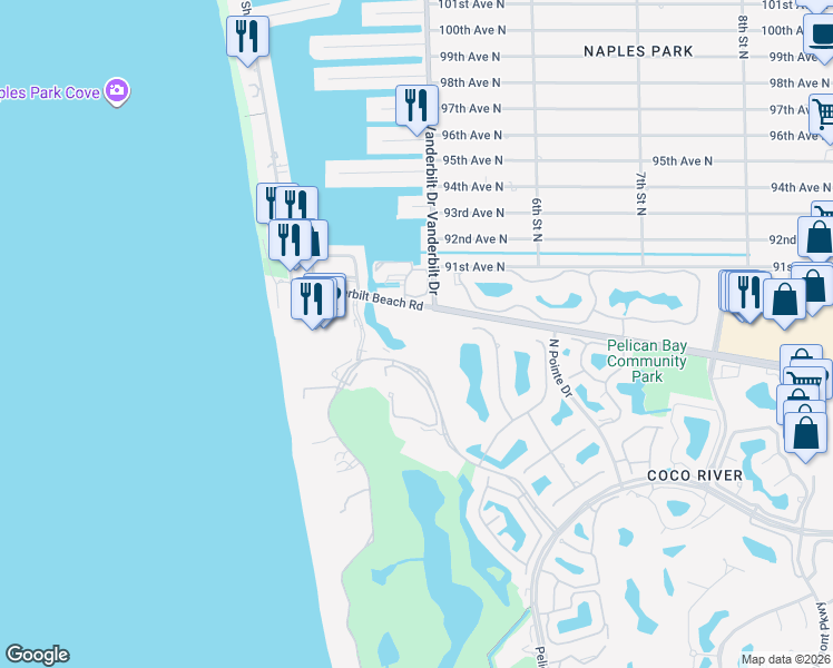 map of restaurants, bars, coffee shops, grocery stores, and more near 8787 Bay Colony Drive in Naples