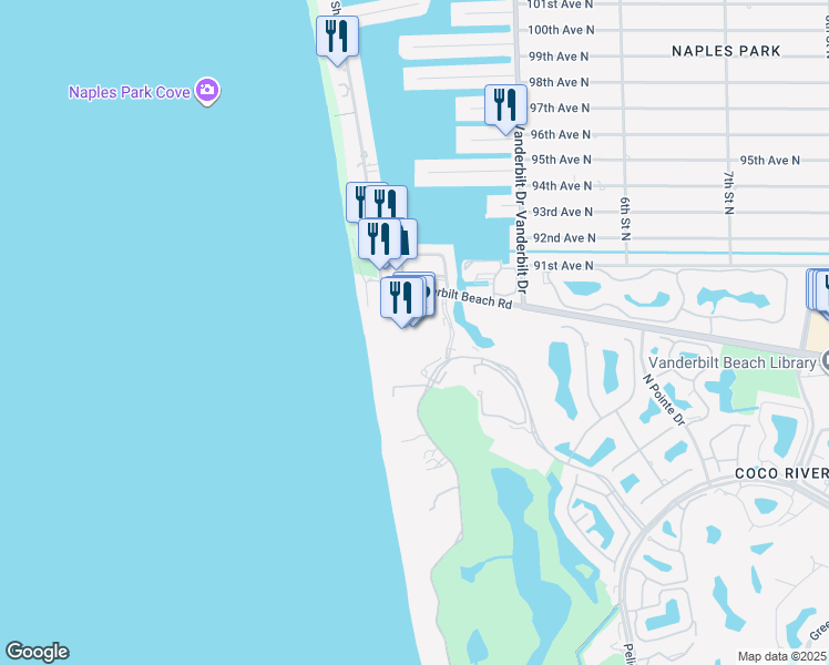 map of restaurants, bars, coffee shops, grocery stores, and more near 280 Vanderbilt Beach Road in Naples